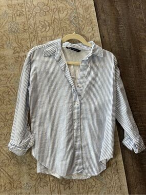 Zara White and Light Blue Striped Shirt